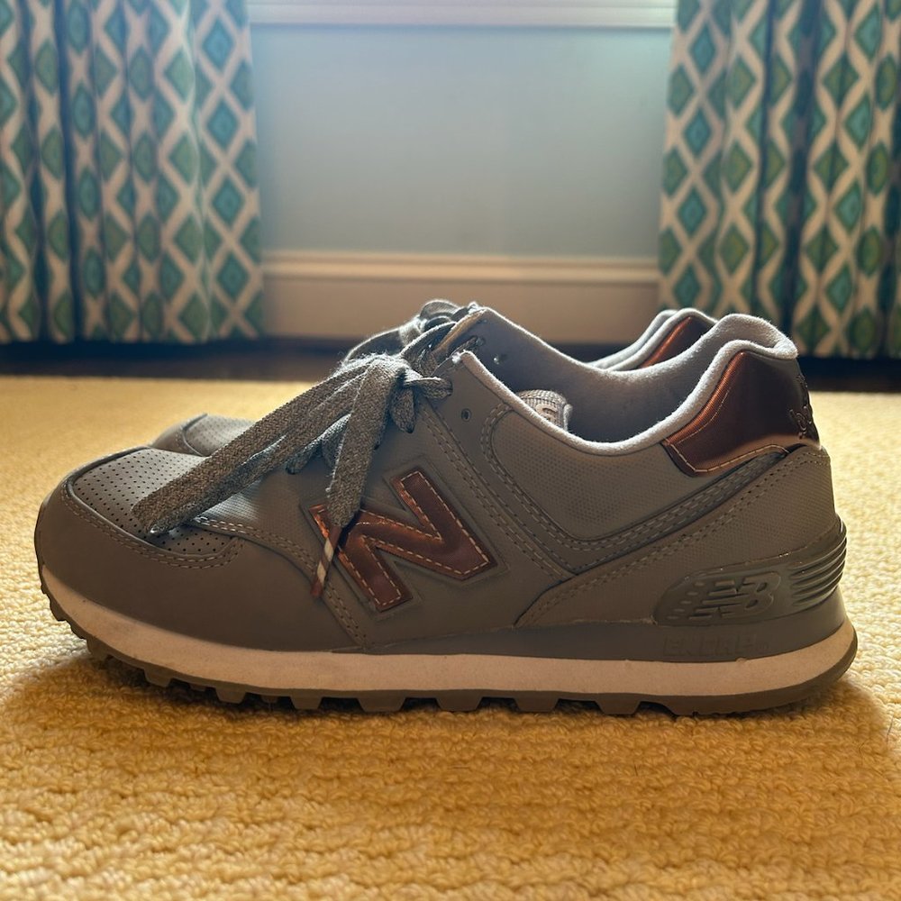 Grey and Gold New Balance 574's - size 7.5